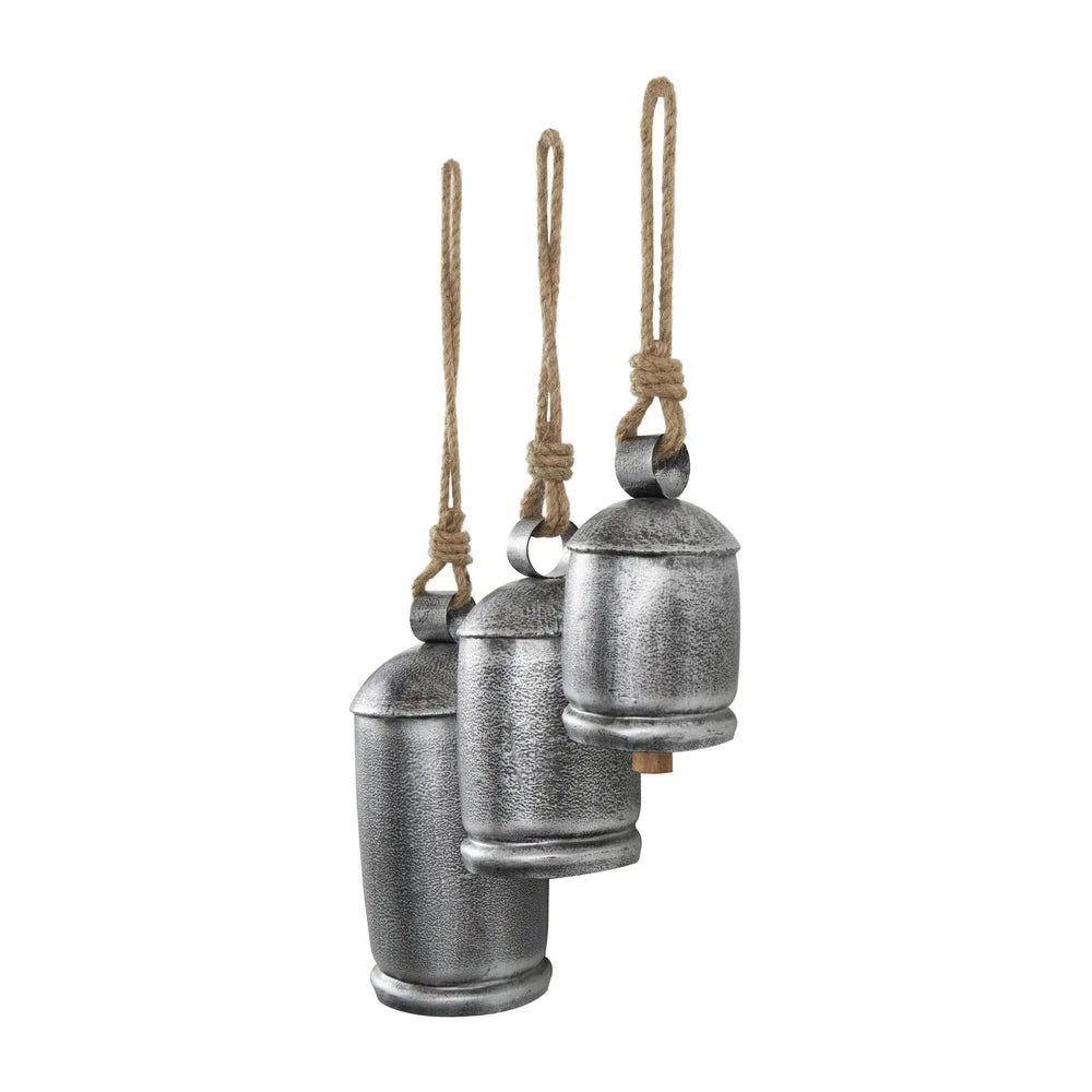 Gray Metal Tibetan Inspired Decorative Cow Bell Chime Set of 3 Indoor Outdoor Rustic Hanging Bells Home Meditation Decor