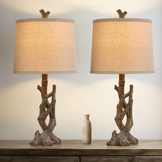 OYEARS 23" Rustic Farmhouse Table Lamp Country Cottage Lamps for Nightstand Tree Trunk Wood Grain Lamp for Bedroom Living Room w