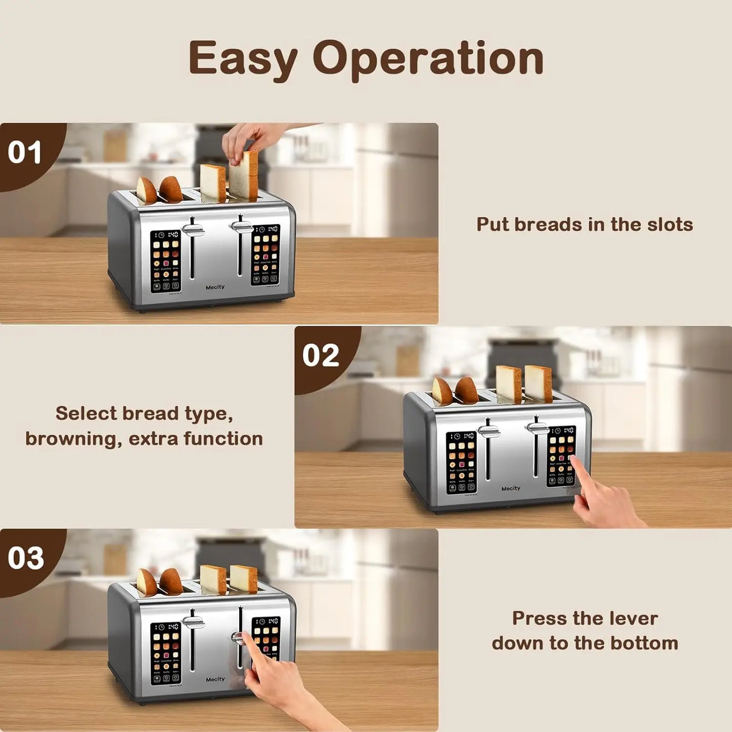 Smart Stainless Steel 4-Slice Toaster Digital Control Panel Bagels Muffins Waffles Bread Making Kitchen Appliance