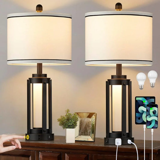 25" Modern Table Lamps Set of 2, Industrial Beside Lamps with USB A+C Charging Ports & AC Outlet, Nightstand Lamp with Glass Nig