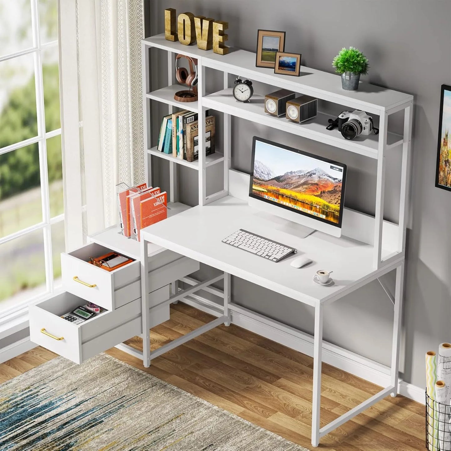 55 Inch Computer Desk with 2 Drawers and Storage Shelves, Modern Study Writing Gaming Table Laptop Workstation for Home Office