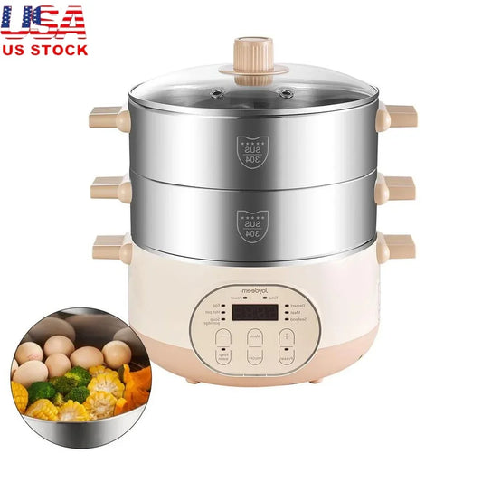 Electric Food Steamer 2-Tier Stainless Steel Vegetable Steamer 15L Large Capacity Fast Cooking Healthy Kitchen Appliance