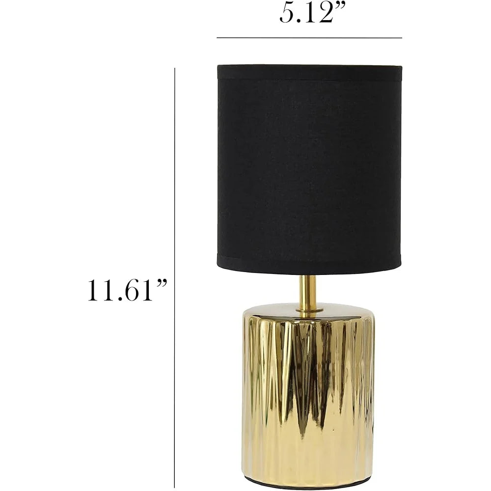 Modern Metallic Gold Ruffled Table Lamp with Black Drum Shade Accessible Switch Home Decor Accent Lighting 11.61 Inch Height