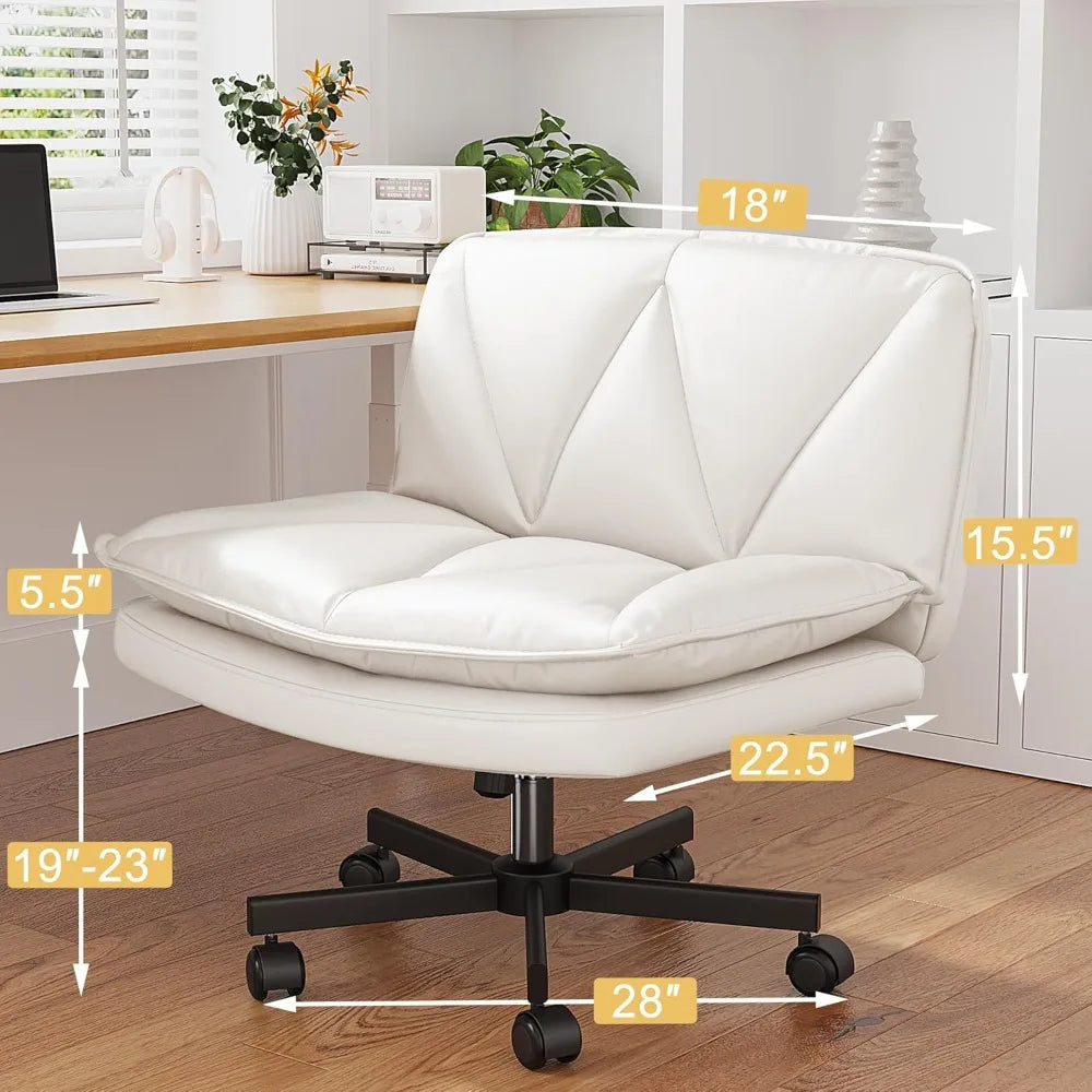 Armless 27" Wide Criss Cross Chair with Wheels,Leather Cross Legged Vanity Chairs with 2-Layer Cushion,Swivel Modern Home Office