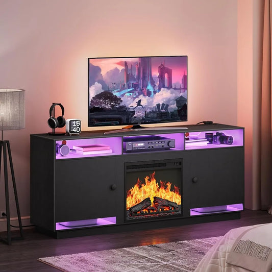 Electric Fireplace TV Stand with Charging Station and LED Lights, Black TV Stand with Fireplace for 32" 43" 50" 55" 65", Entert