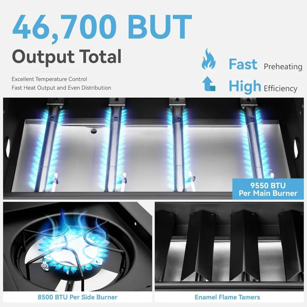 2 in 1 Propane Gas BBQ Grill with Side Burner & Porcelain-Enameled Cast Iron Grate, 4-Burner Flat Top Grill, 46,700 BTU