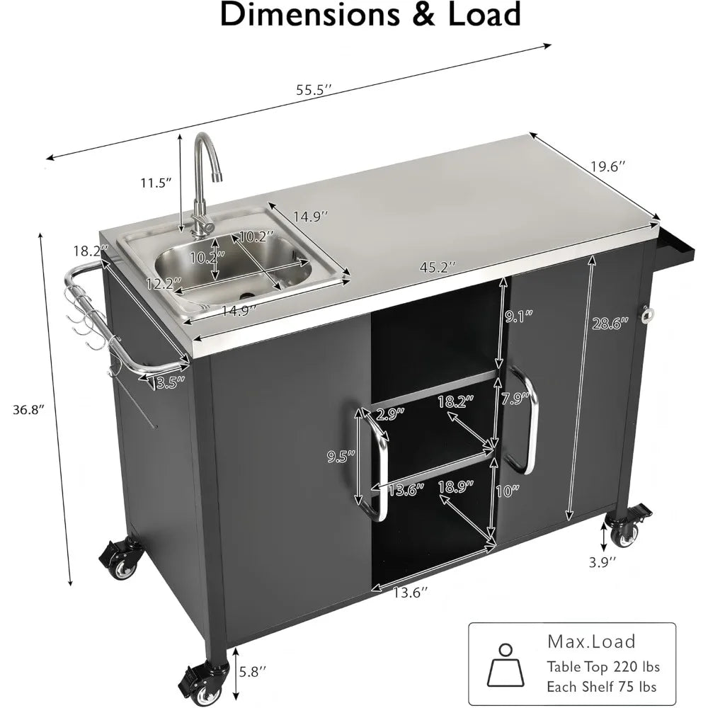 Kitchen Island with Sink, Metal Grill Cart Table with 304 Stainless Steel Sink, 55.5 Inch Outdoor Bar Cart Station with 4 Lockab