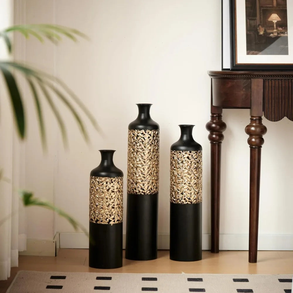 Gold Metal Vase Set of 3, Metallic Centerpiece Decorative Vases with Twigs Dried Flowers for Home Living Room32" H, 28" H, 24" H