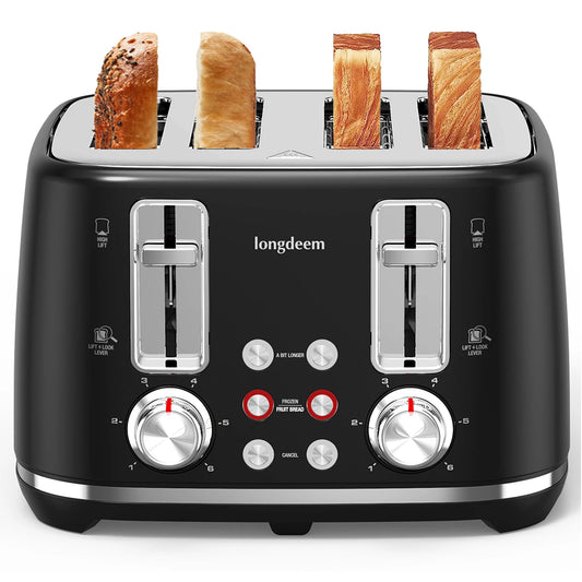 4 Slice Toaster, 1.5" Extra Wide Stainless Steel Slots, Dual Controls, Removable Crumb Tray, 6 Shade Settings, Black