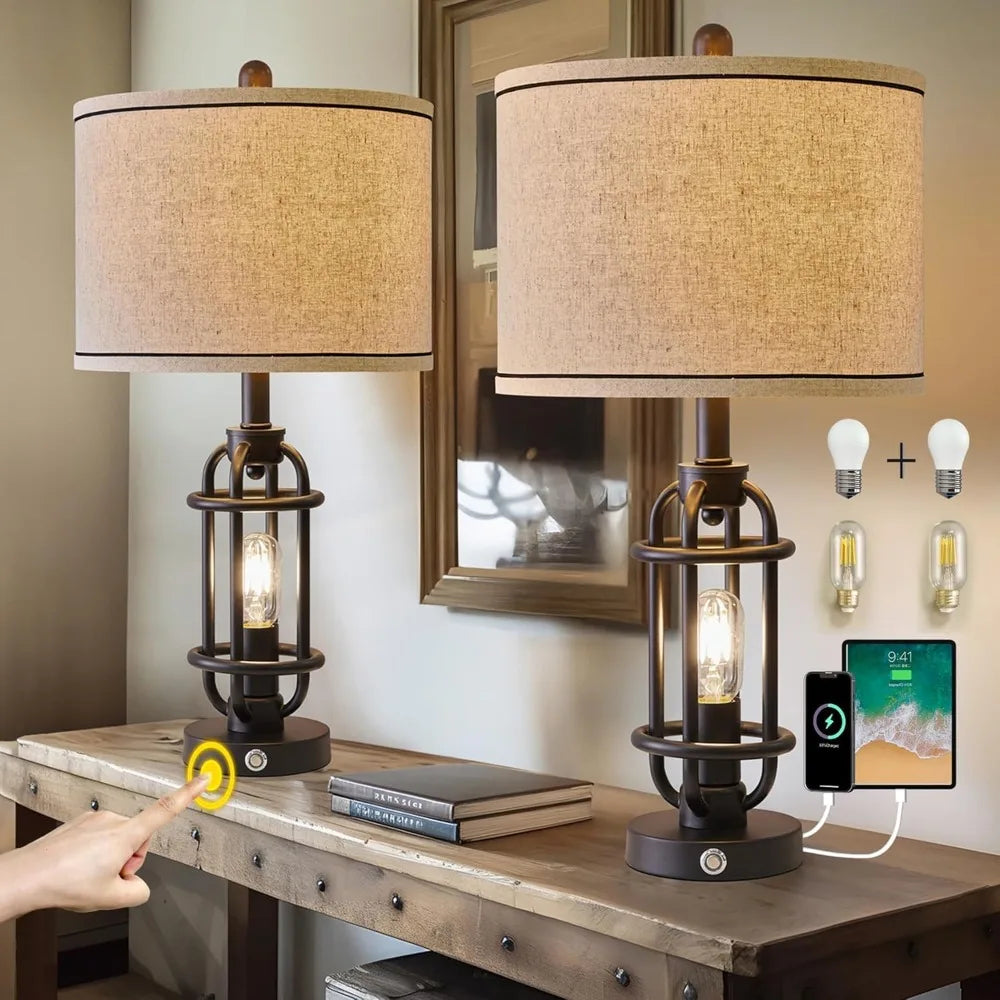 23.75'' Industrial Black Metal Table Lamps Living Room Lamp for Nightstand Bedroom lamps Set of 2 Bedside End Side Table Lamps H