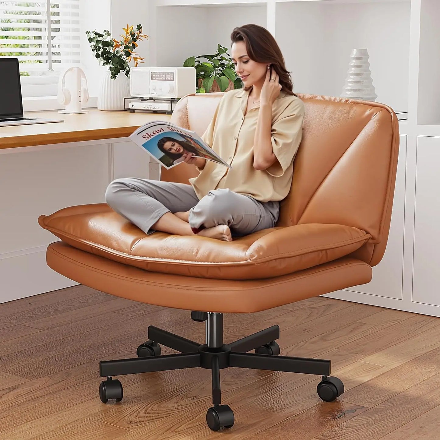 Armless 27" Wide Criss Cross Chair with Wheels,Leather Cross Legged Vanity Chairs with 2-Layer Cushion,Swivel Modern Home Office
