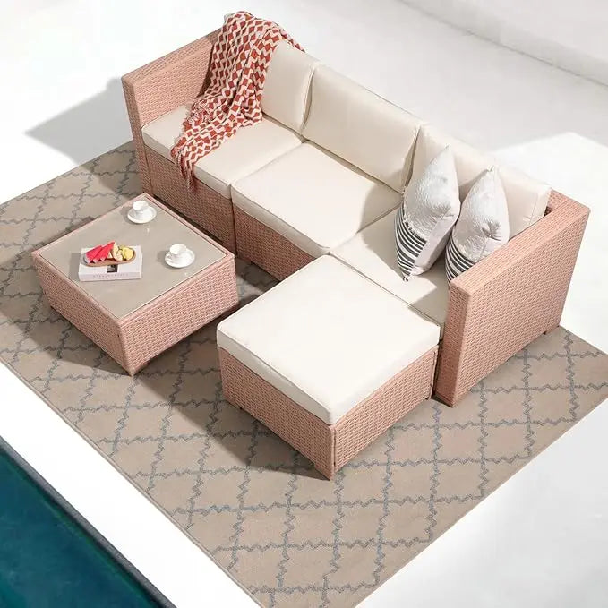 5 Piece Outdoor Patio Furniture Set, Sectional Conversation All-Weather Cushions, Backyard Porch Garden Poolside Balcony Set