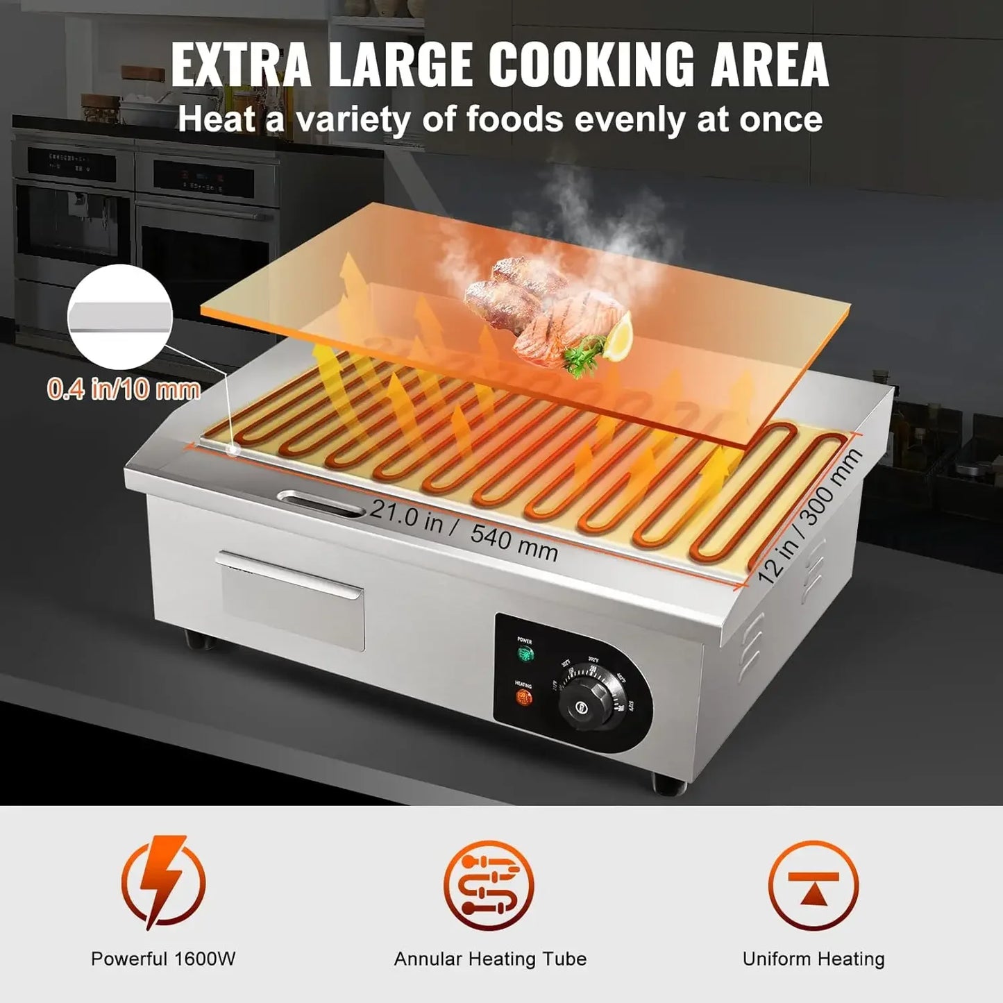 Commercial Electric Griddle, 22", 1600W Countertop Flat Top Griddle, Stainless Steel Teppanyaki Grill w/Iron Cooking Plate