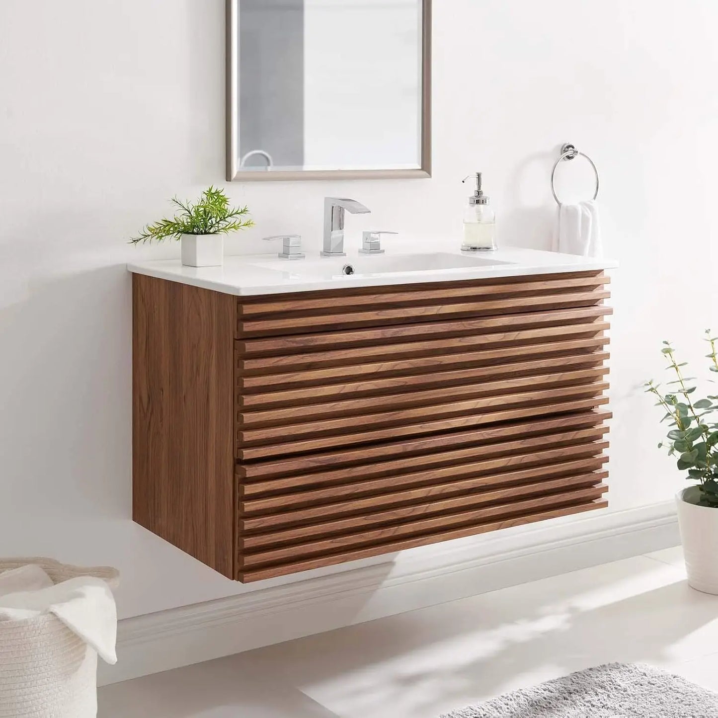 Render 36" Wall-Mount Bathroom Vanity in Walnut White