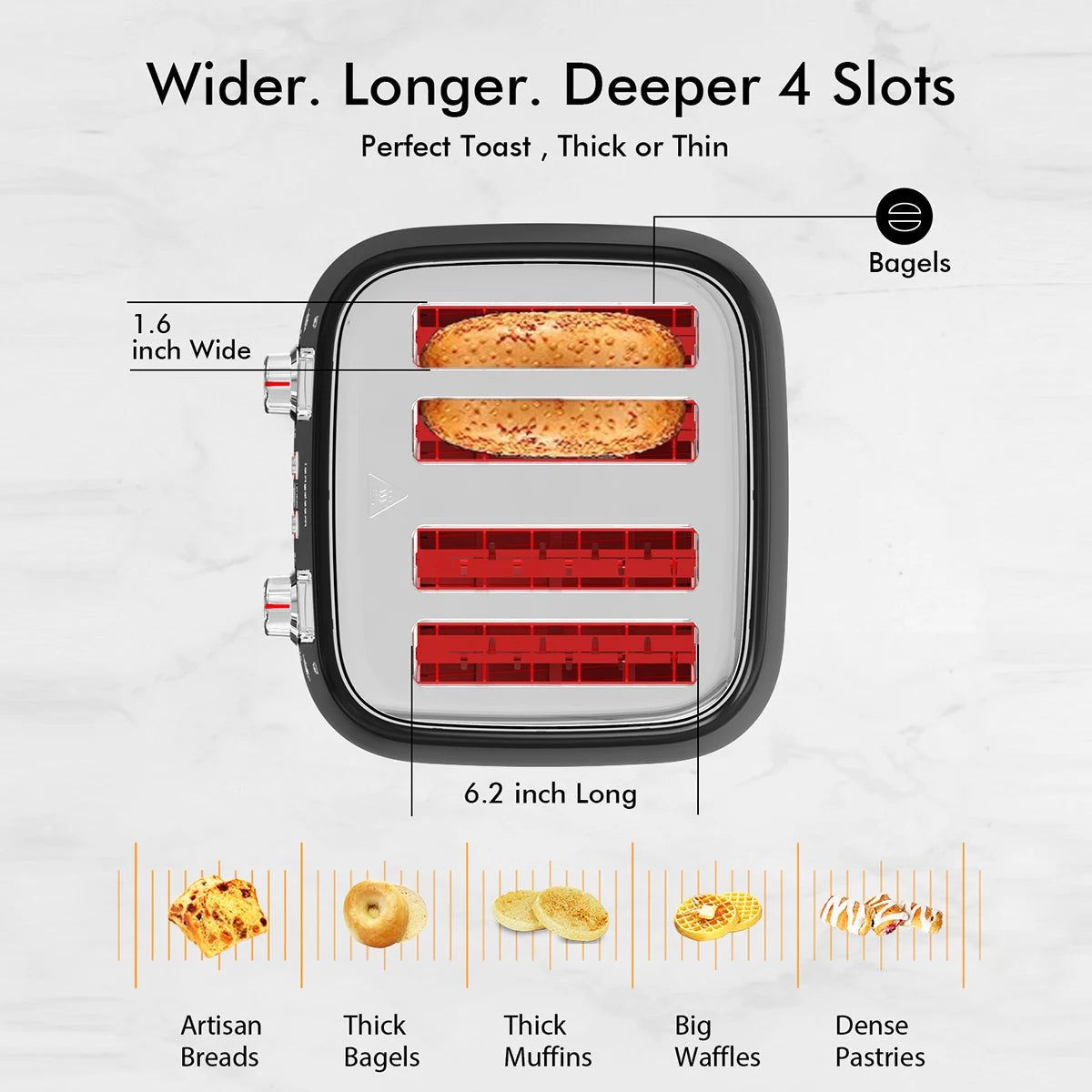 4 Slice Toaster, 1.5" Extra Wide Stainless Steel Slots, Dual Controls, Removable Crumb Tray, 6 Shade Settings, Black