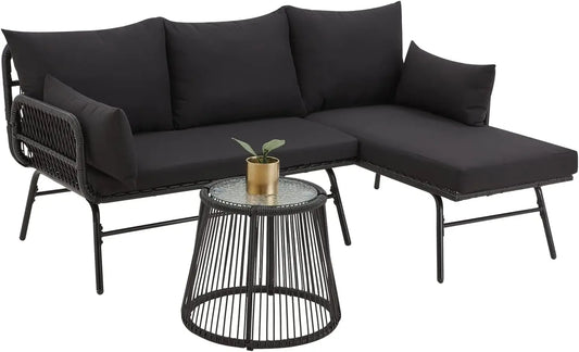 3 Piece Patio Conversation Sets, L-Shaped Sectional Patio Furniture Sofa Set with Thick Cushions and Toughened Glass Coffee Tabl