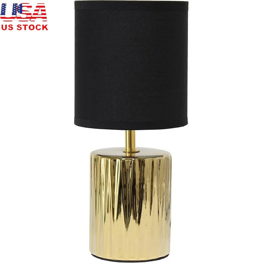 Modern Metallic Gold Ruffled Table Lamp with Black Drum Shade Accessible Switch Home Decor Accent Lighting 11.61 Inch Height
