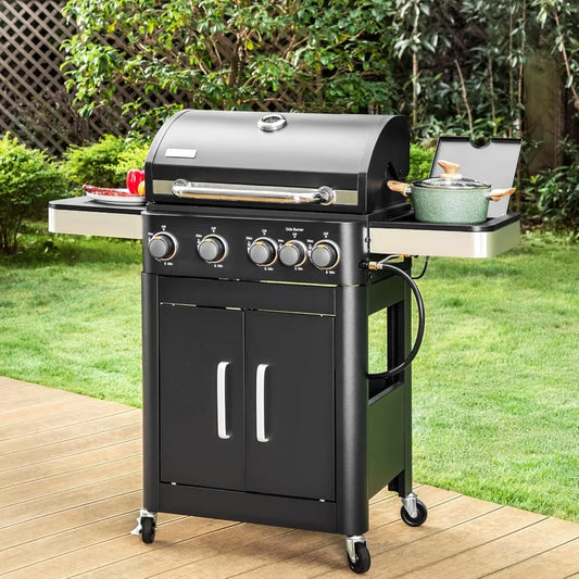 2 in 1 Propane Gas BBQ Grill with Side Burner & Porcelain-Enameled Cast Iron Grate, 4-Burner Flat Top Grill, 46,700 BTU